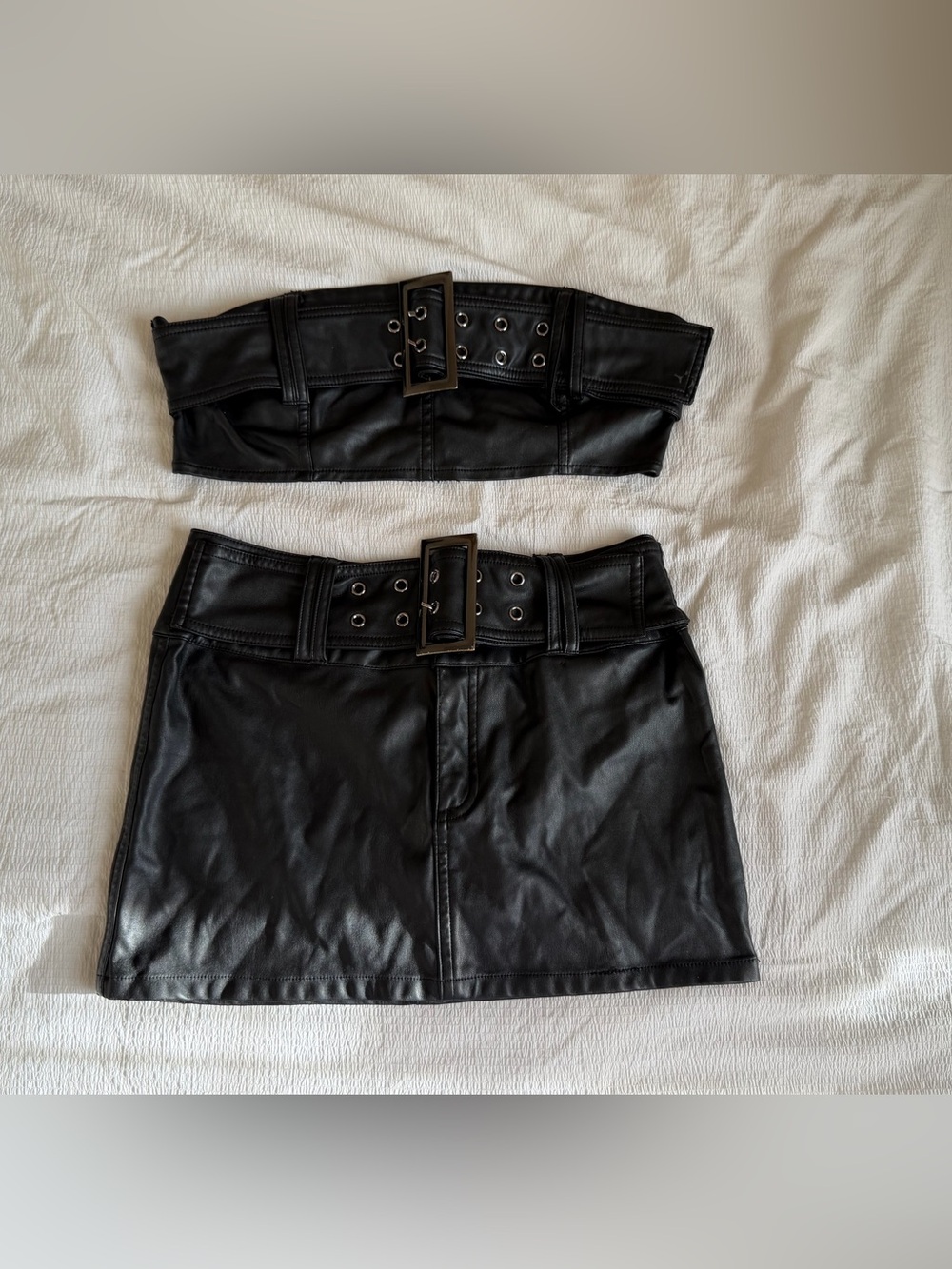 AKIRA Black Faux Leather Mini Skirt Set with Wide Eyelet Belt